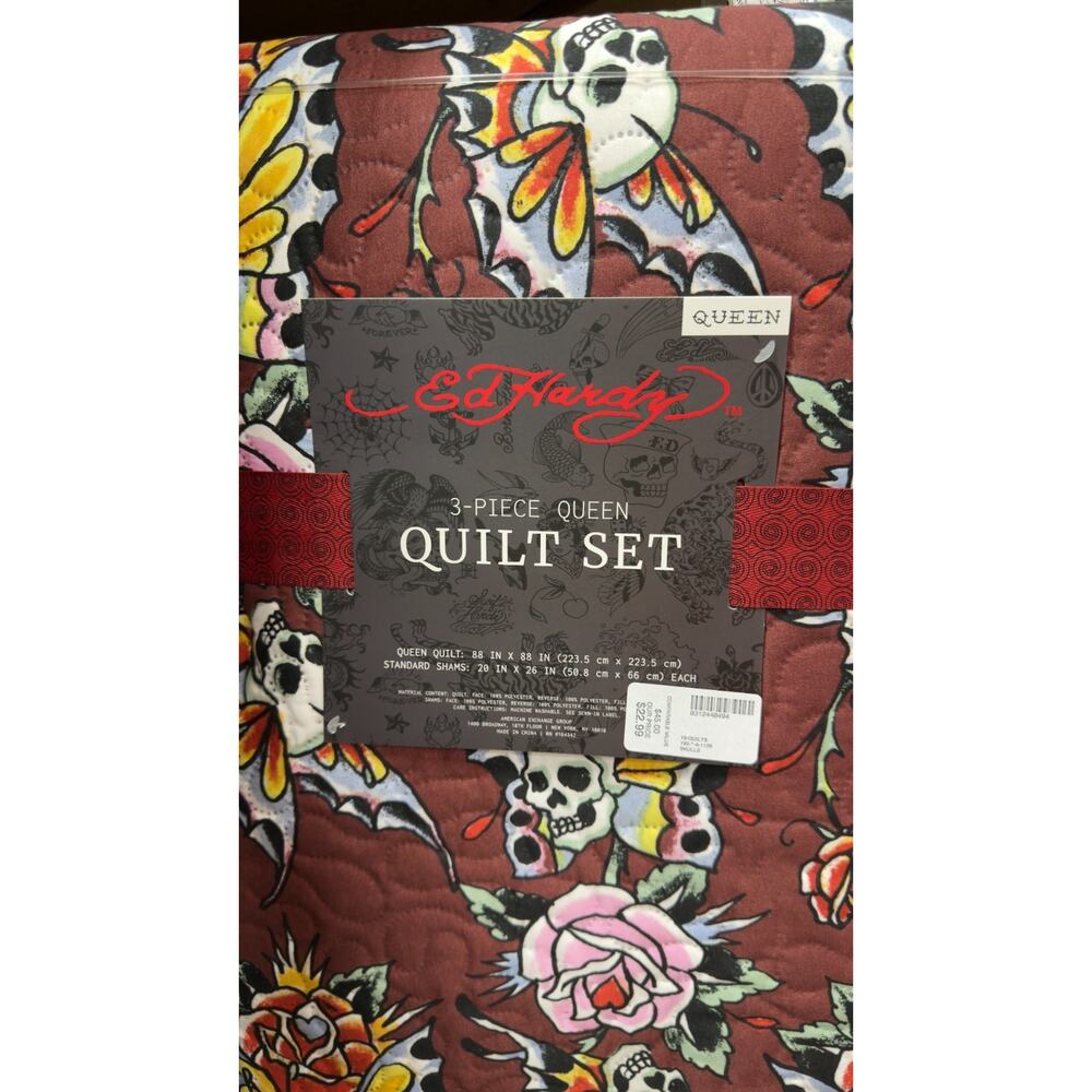 Ed Hardy 3-Piece Maroon Tattoo Skulls/Roses Queen Quilt Set - NEW - Picture 3 of 4